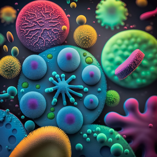 Tło z makro zdjęciem abstrakcyjnych kolorowych różnych bakterii, zarazków i wirusów