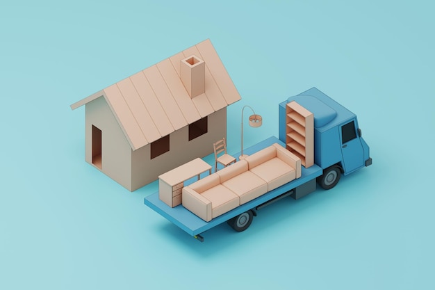 Tło z meblami i domem obok poruszającej się ciężarówki do renderowania 3d w ruchu domu