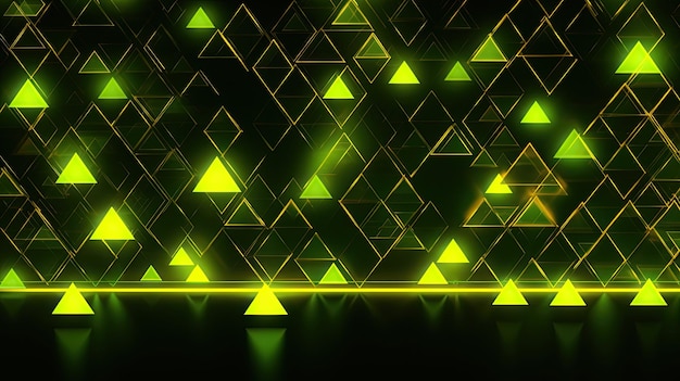 Tło z neonowymi żółtymi trójkątami ułożonymi we wzór plastra miodu z efektem usterki i