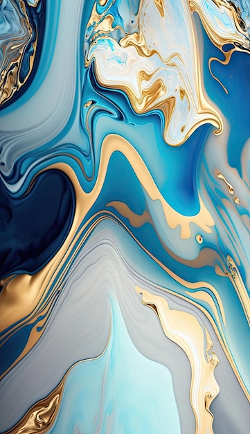 Tło z niebieskiego marmuru ze złotymi pociągnięciami brokatu, płynna tekstura sztuki