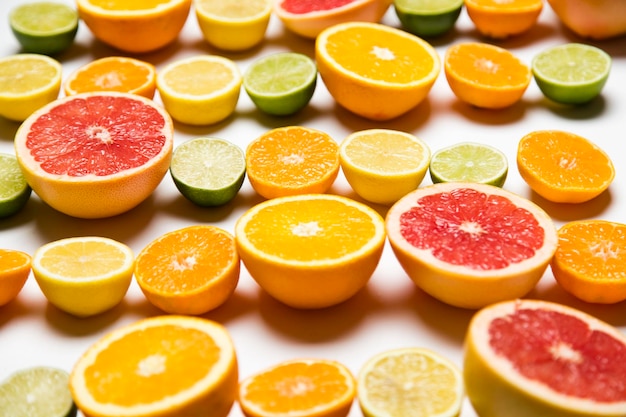 Tło z owoców cytrusowych Plastry grejpfruta, pomarańczy, cytryny i limonki