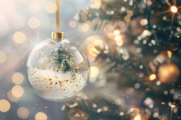 Tło z ozdobami świątecznymi Piłka świąteczna z śniegiem w środku Przezroczysta piłka zawieszona na złotej wstążce z złotym błyszczącym konfetti ilustracją 3D