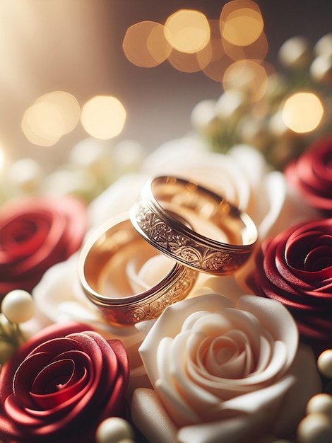 Tło z pierścieniami ślubnymi i różami wygenerowane przez AI