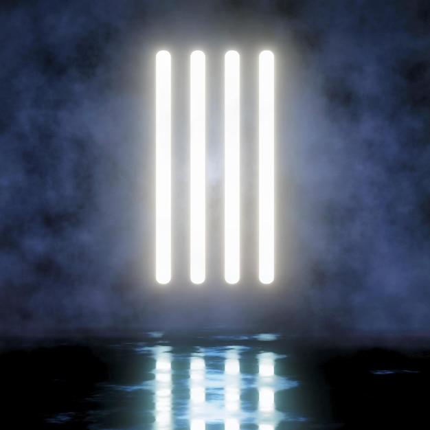 Tło z pionowymi neonami, mgła i odbicie na podłodze Scena pokazu Blask neonów na pustej sali koncertowej renderowania 3d