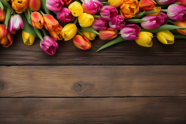 tło z tulipanami na drewnianym tle pocztówka z miejscem dla tekstu