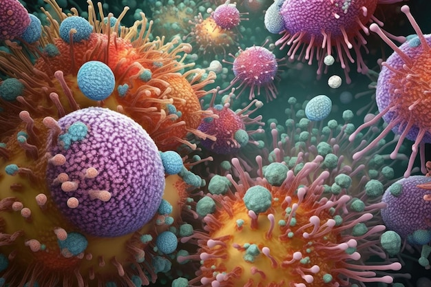 Tło ze zdjęciem makro różnych drobnoustrojów, komórek wirusa i bakterii Generative AI