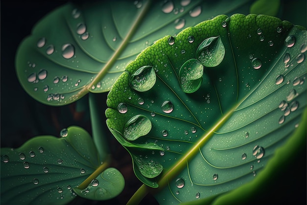 Tło zielonego liścia z bliska widok z kroplami rosy na liściach Natura listowie streszczenie tekstury urlopu do pokazania koncepcji zielonego biznesu i ekologii dla organicznego tła zieleni Generacyjna sztuczna inteligencja