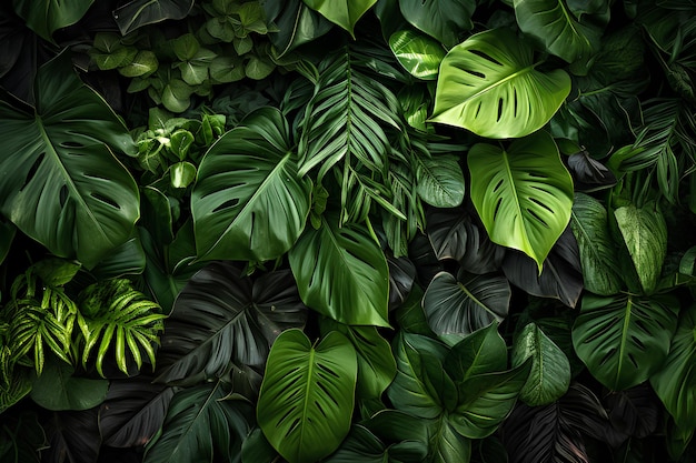 Tło zielonych liści tropikalnych Generative AI