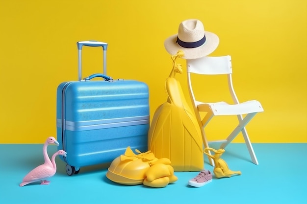 Tło żółte wakacje podróży okulary przeciwsłoneczne tropikalna niebieska walizka flamingo koncepcja lato Generative AI