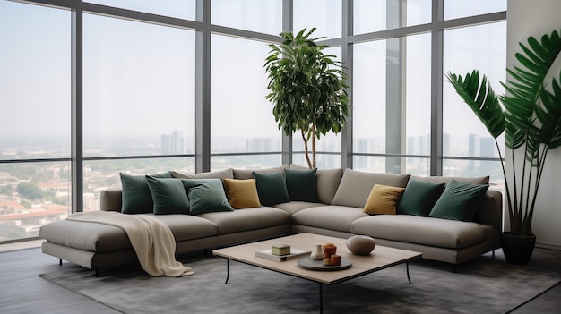 tło Zoom Penthouse Living Room z stylowymi meblami Duże okna i rośliny Generatywna sztuczna inteligencja