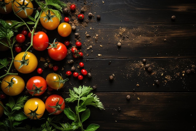 Tło żywności Widok z góry na zioła i przyprawy z oliwy z oliwek i pomidorów na rustykalnym czarnym łupku