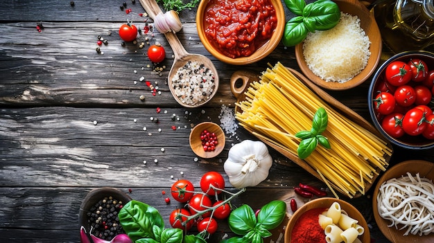 Zdjęcie tło żywności włoskie tło żywności z makaronem, ravioli, pomidorami, oliwkami i bazylią
