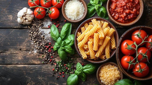Tło żywności Włoskie tło żywności z makaronem, ravioli, pomidorami, oliwkami i bazylią