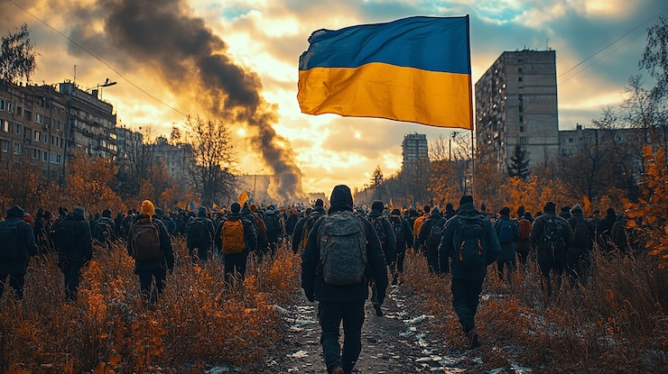 Zdjęcie tłum aktywistów protestujących przeciwko rosyjskim działaniom wojskowym
