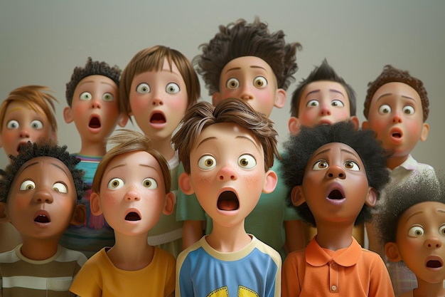 Tłum dzieci z przerażonymi wyrazami twarzy 3d ilustracja