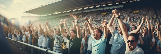 Tłum fanów sportu cheering podczas meczu na stadionie ludzie podekscytowani cheering dla ich ulubionej drużyny sportowej wygrać mecz