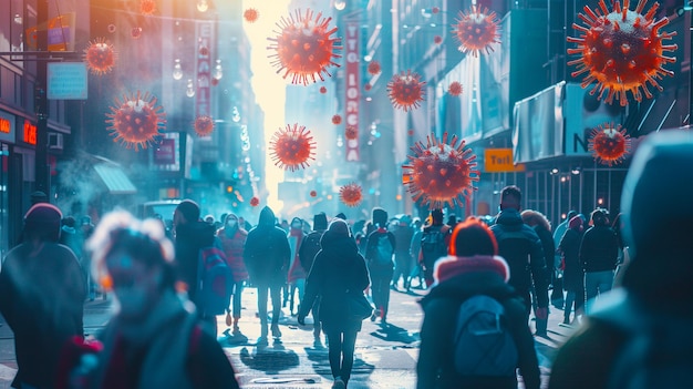 Zdjęcie tłum ludzi idących ulicą z ikonami bakterii pływających w powietrzu
