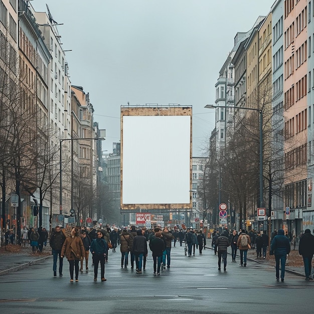 Zdjęcie tłum ludzi idzie ulicą z billboardem z napisem 