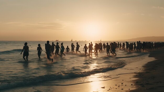 Tłum ludzi lub przyjaciół biegnie do morza o zachodzie słońca Koncepcja podróży na wakacje na plaży AI Generative