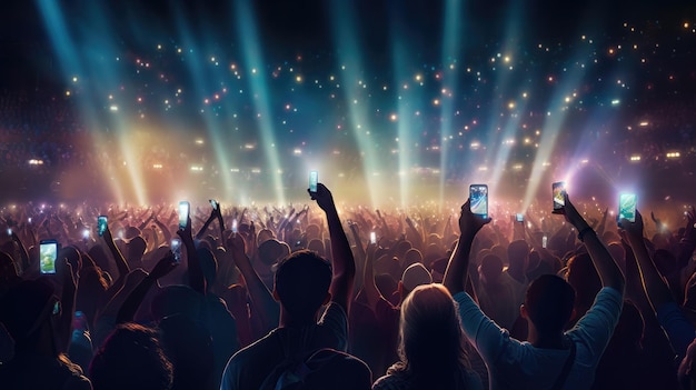 Tłum ludzi na koncercie lub imprezie na żywo, trzymając się za ręce i smartfony