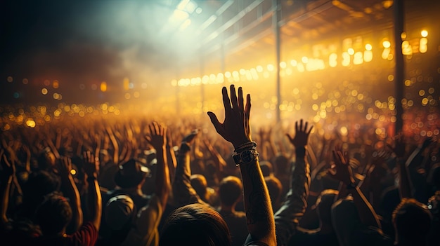 Tłum ludzi na koncercie lub imprezie na żywo, trzymając się za ręce i smartfony
