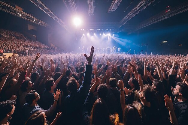 Tłum ludzi na koncercie z rękami w powietrzu