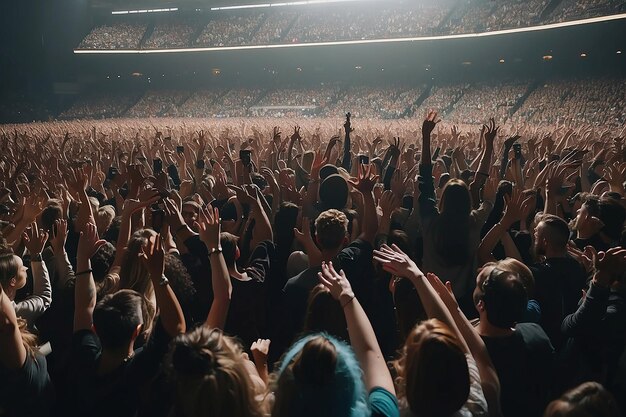 Tłum ludzi na koncercie z rękami w powietrzu