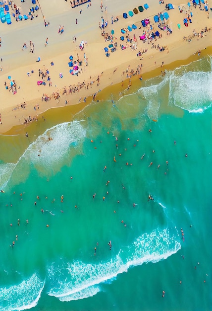 Tłum ludzi na plaży Widok z lotu ptaka Generowany przez sztuczną inteligencję