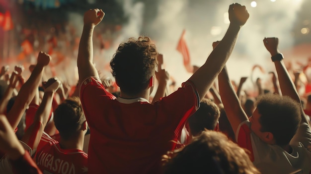 Tłum ludzi na stadionie sportowym cheers i świętuje tłum jest oświetlony przez światła stadionu i atmosfera jest elektryczna