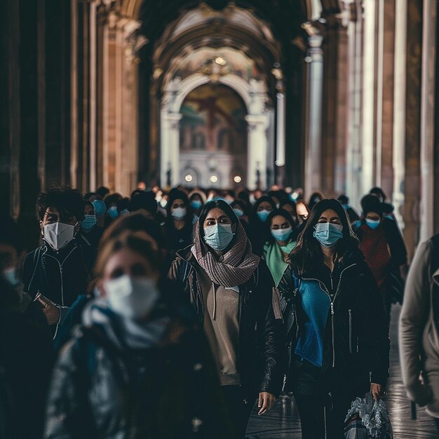 Tłum ludzi noszących maski i maski przechodzi przez korytarz