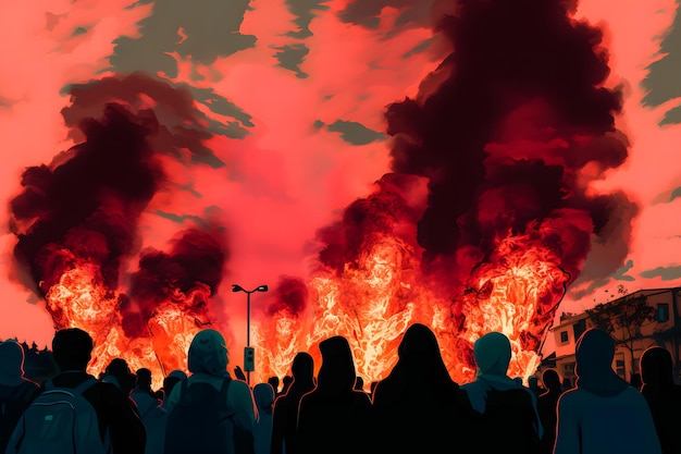 Tłum ludzi przed ogromnym pożarem w mieście Ilustracja katastrofy dnia sądu ostatecznego