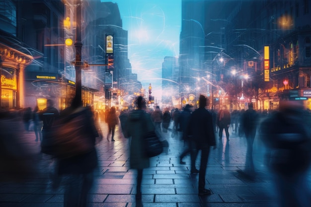 Tłum ludzi spacerujących po Londynie w nocy Tłum osób spacerujących w mieście w nocy tworząc rozmyte tło generowane przez sztuczną inteligencję