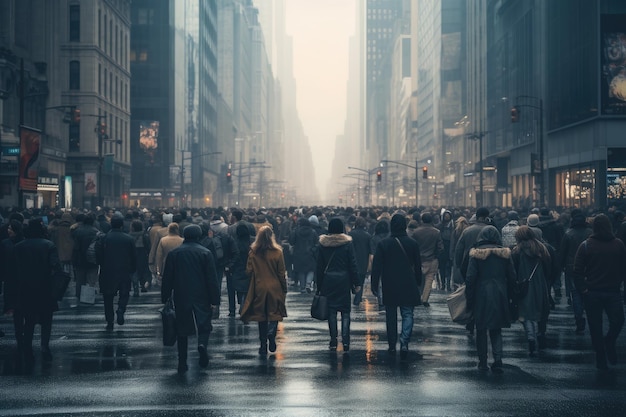 Tłum ludzi spacerujących ulicą na Manhattanie Anonimowy tłum ludzi spacerujących ulicą miasta Wygenerowano sztuczną inteligencję