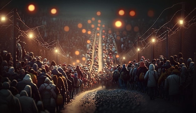Tłum ludzi stojących na ulicy w nocy generatywnej AI