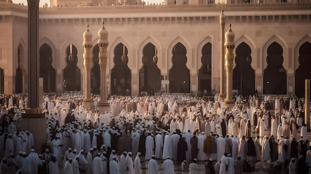 Tłum ludzi w meczecie z napisem 'al - mubarak' po lewej stronie