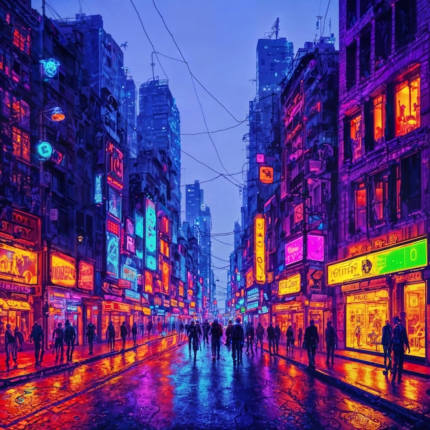 Tłum ludzi w neonowym świecie miejskim w nocy generatywnej sztucznej inteligencji