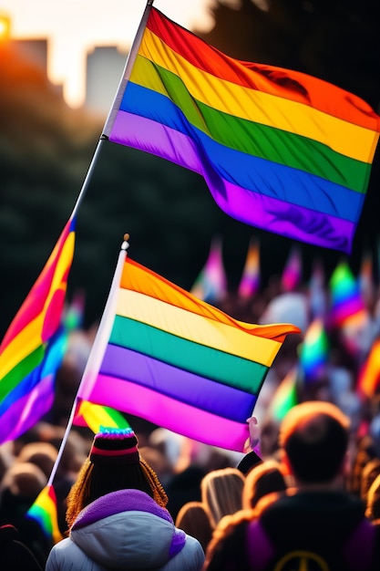 Tłum ludzi z tęczowymi flagami w tle LGBT
