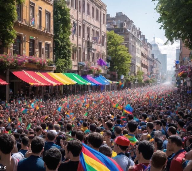 Tłum ludzi zbiera się w paradzie z tęczową flagą.