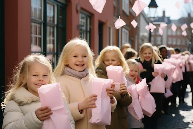 Zdjęcie tłum małych białych dziewcząt uśmiechających się i śmiejących się z prezentami w rękach.