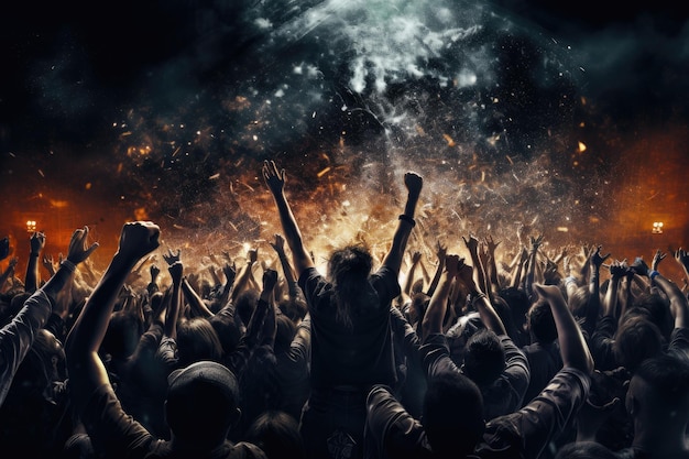 Tłum na koncercie rockowym z podniesionymi rękami i dymem w tle wiwatujący tłum na koncercie rockowym AI Generated