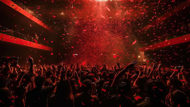 Tłum na koncercie z czerwonym konfetti w tle