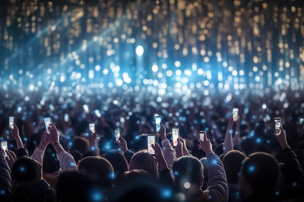 Zdjęcie tłum na koncercie z podniesionymi rękami i tłem bokeh