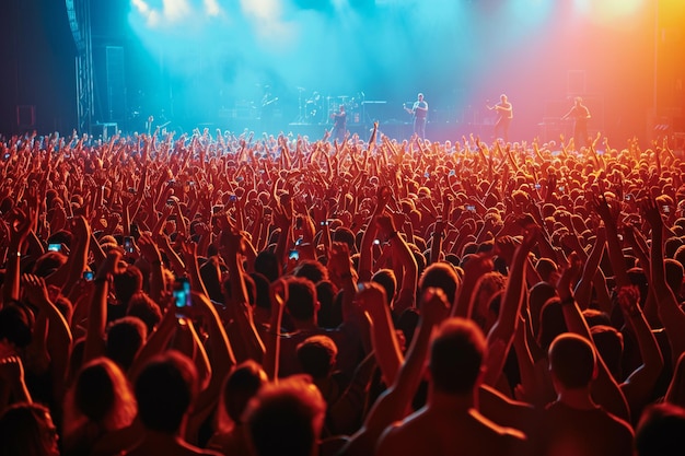 Tłum na koncercie z podniesionymi rękami przed sceną generowaną przez sztuczną inteligencję