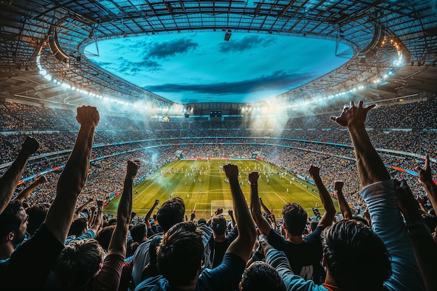 Zdjęcie tłum na stadionie świętuje zwycięstwo w piłce nożnej generatywna sztuczna inteligencja