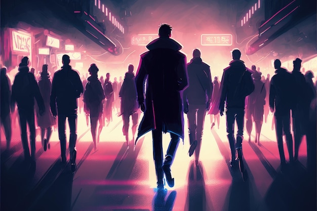 Tłum przechadzający się po futurystycznym mieście o zmroku z wielobarwnym oświetleniem Koncepcja fantasy Malowanie ilustracji Generatywna sztuczna inteligencja