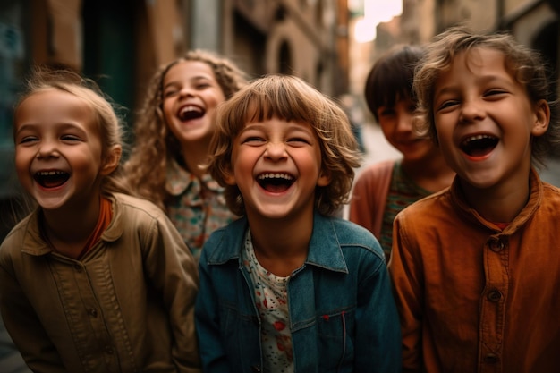 Tłum roześmianych dzieci w letni dzień podnosi na duchu i reprezentuje czystą radość i beztroskiego ducha dzieciństwa Generative AI