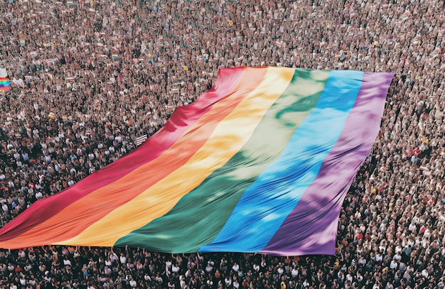 Tłum trzyma dużą flagę LGBT utworzoną za pomocą generatywnej sztucznej inteligencji