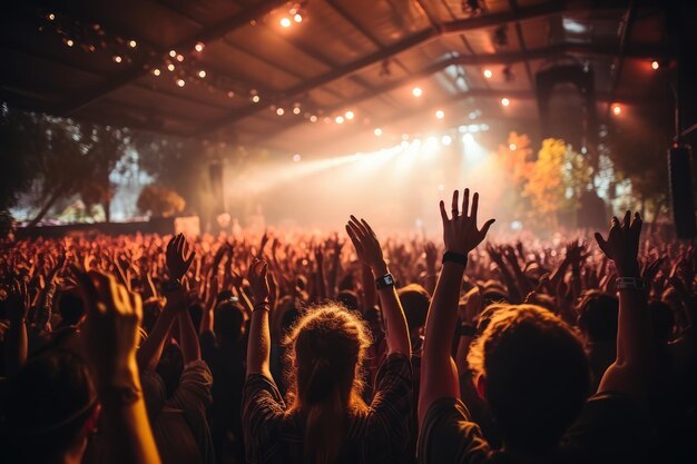 tłum z podniesionymi rękami na festiwalu muzycznym profesjonalna fotografia reklamowa