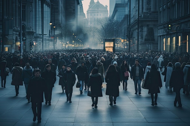 Tłumy ludzi spacerujących nocą po centrum Londynu Anonimowy tłum ludzi spacerujących ulicą miasta AI Wygenerowano