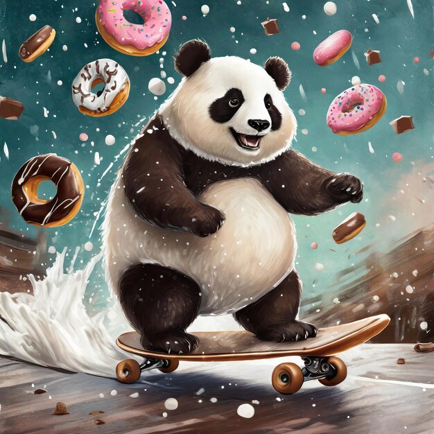 Zdjęcie tłusta panda jeździ na deskorolce, pada mleko i pączki.